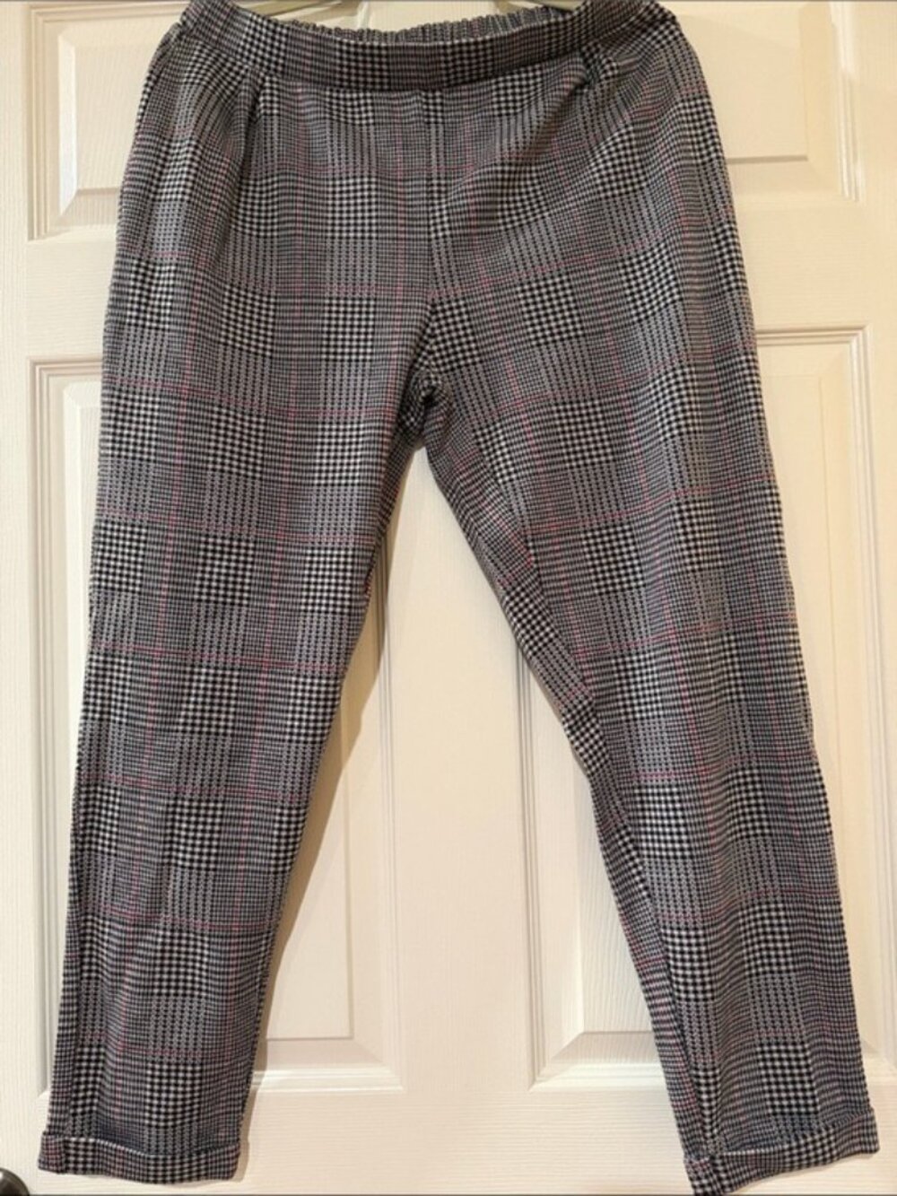 Bull & Bear Plaid Elastic Waist Trousers XL Black/Red Cotton Blend